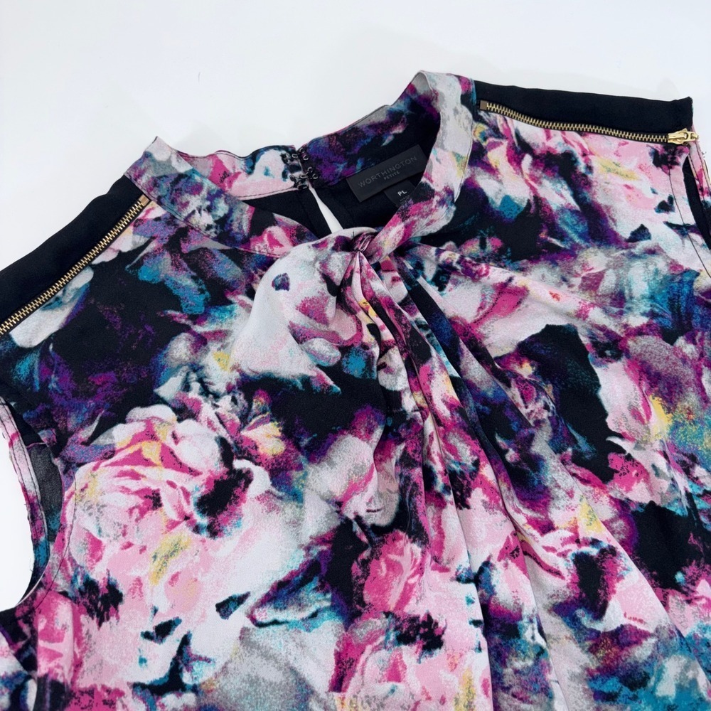 Worthington Petite Floral Sleeveless Blouse Pink Purple Zipper Shoulder PL